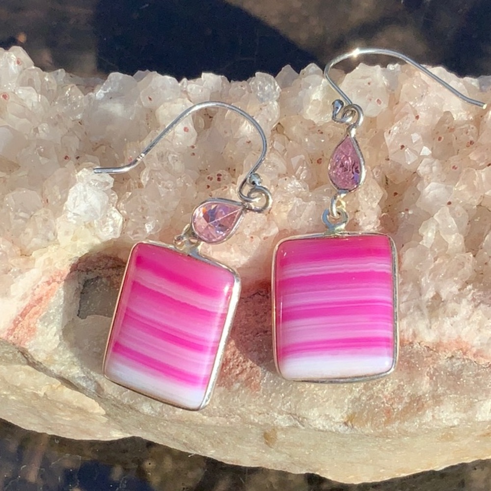 BOTSWANA AGATE & PINK KUNZITE 925 STERLING SILVER EARRINGS